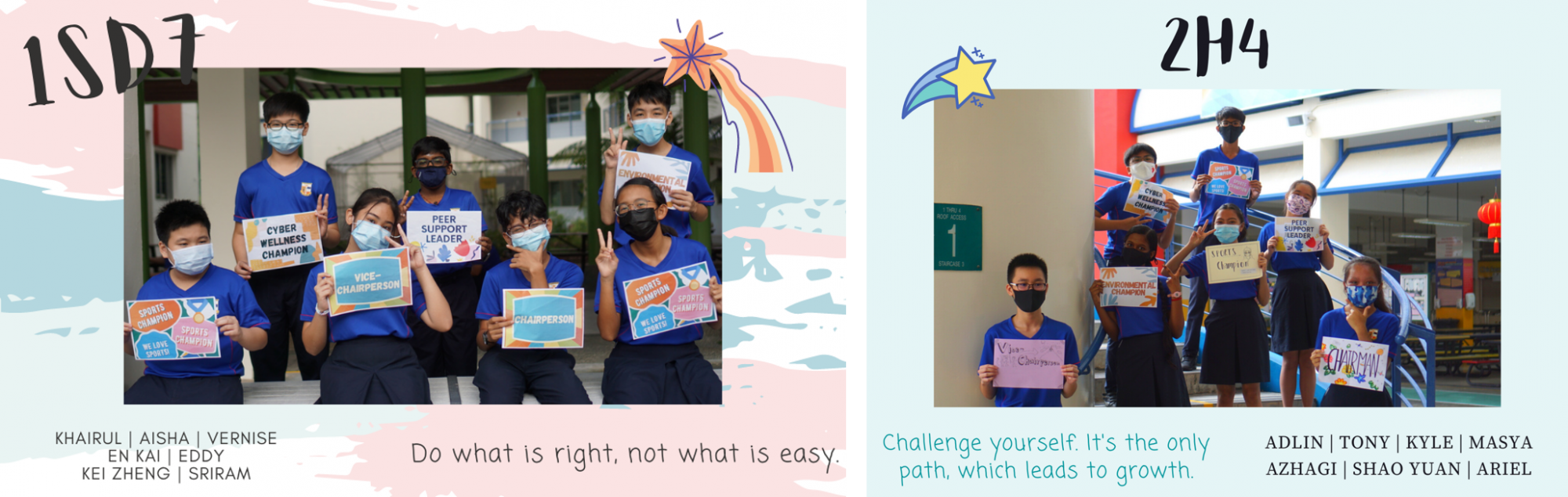 Two groups of masked students in blue uniforms hold role signs for classes 1SD7 and 2H4 with motivational quotes.